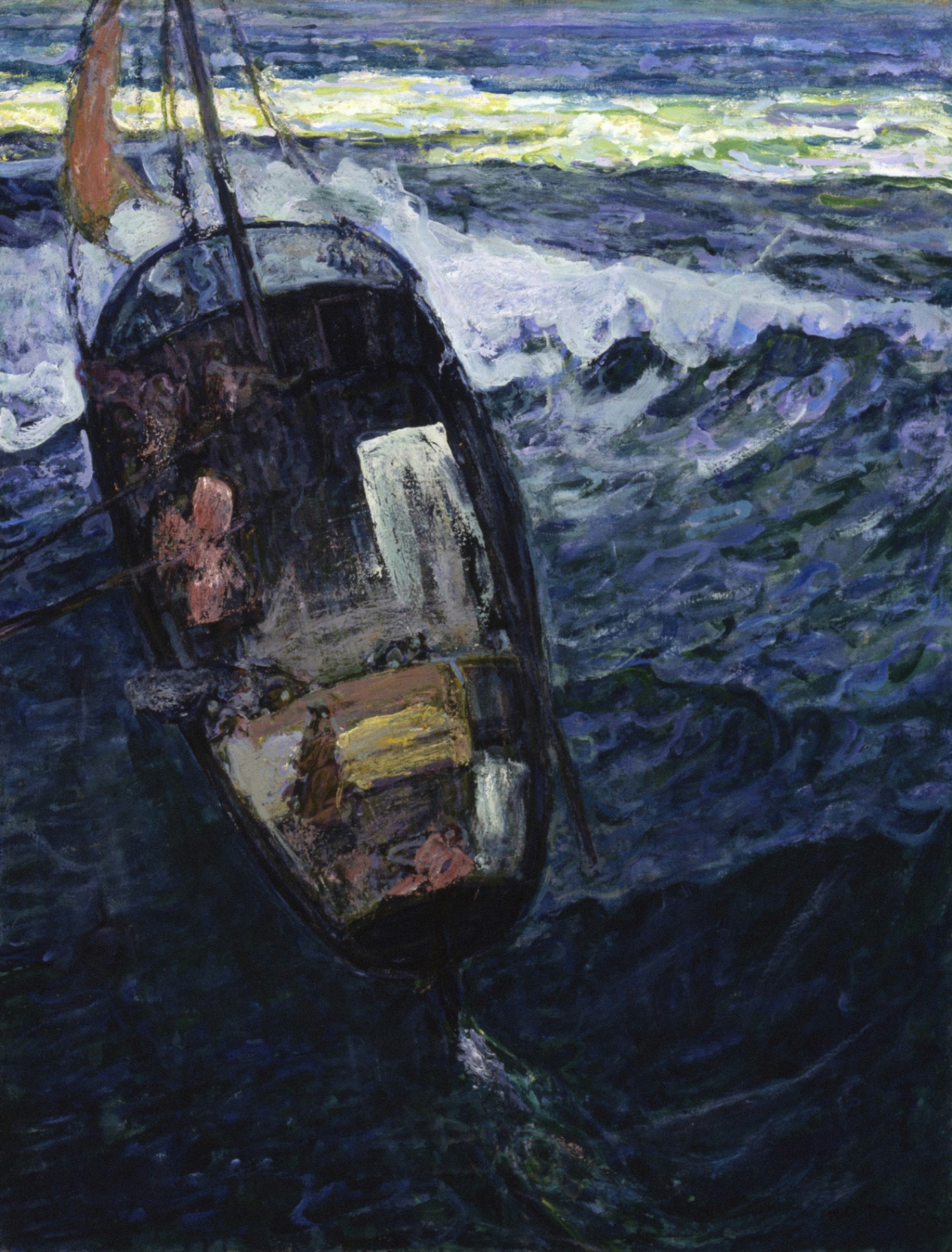 Painting of a small boat riding a swell in a dark, open sea